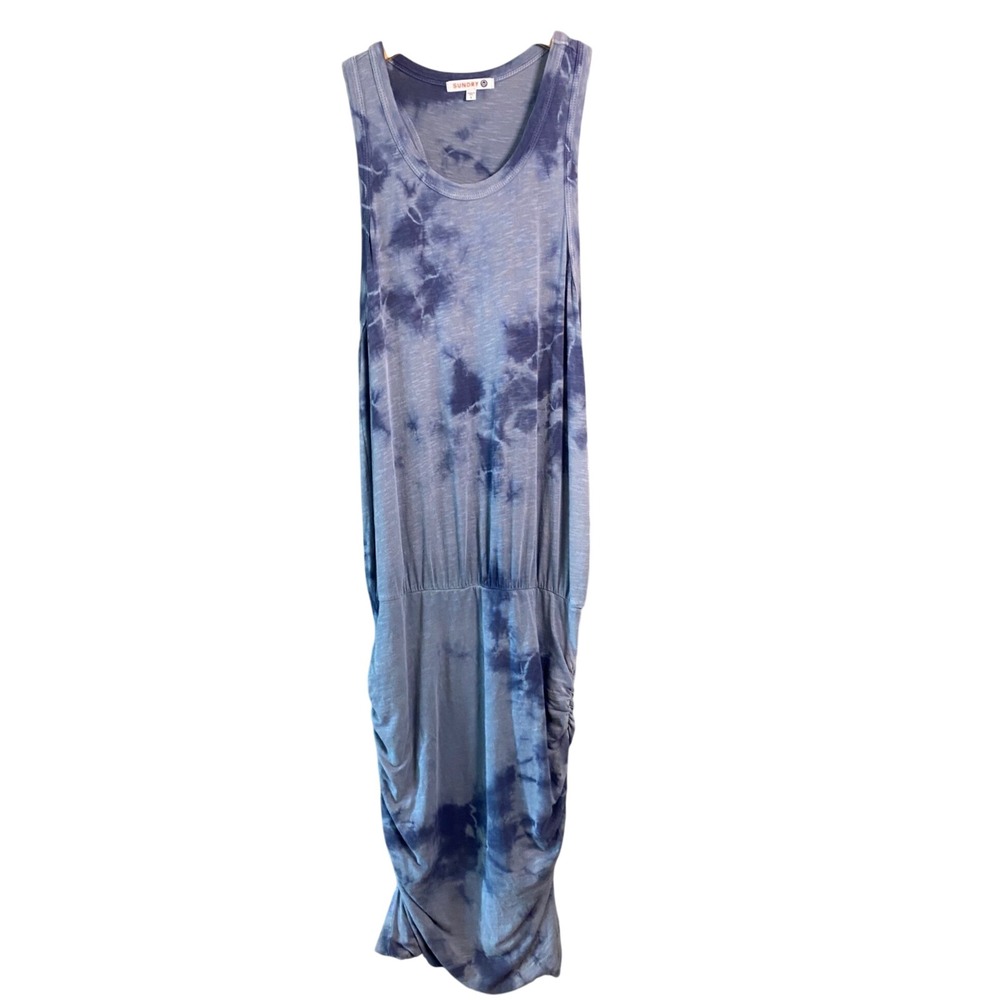 Sundry Blue Tie Dye Ruched Side Tank Dress Racerback Size 1 Small Made in USA